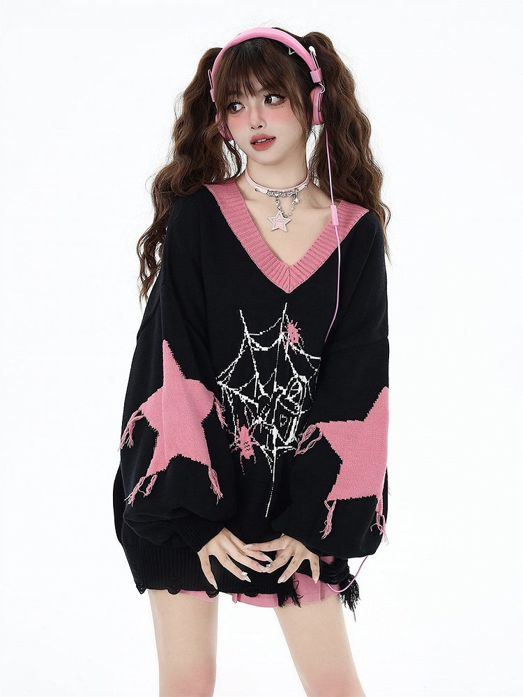 Pattern Spider Distressed Web Hem Black Sweater Holes