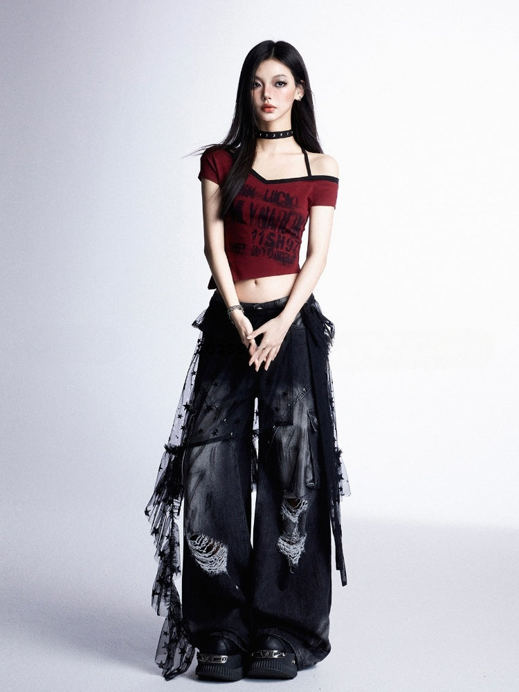 Rock and Hem Red Halter Neck Asymmetrical Neckline Graphic Cropped T-shirt Punk Y2K