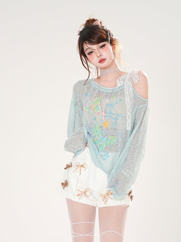 Asymmetrical Neckline Butterfly Print Apricot/Green