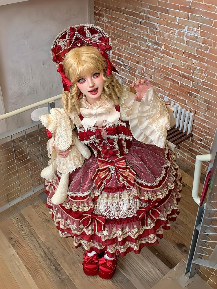 Dress Chain Red Gorgeous Bead Princess Neckline Lolita Flower Bow
