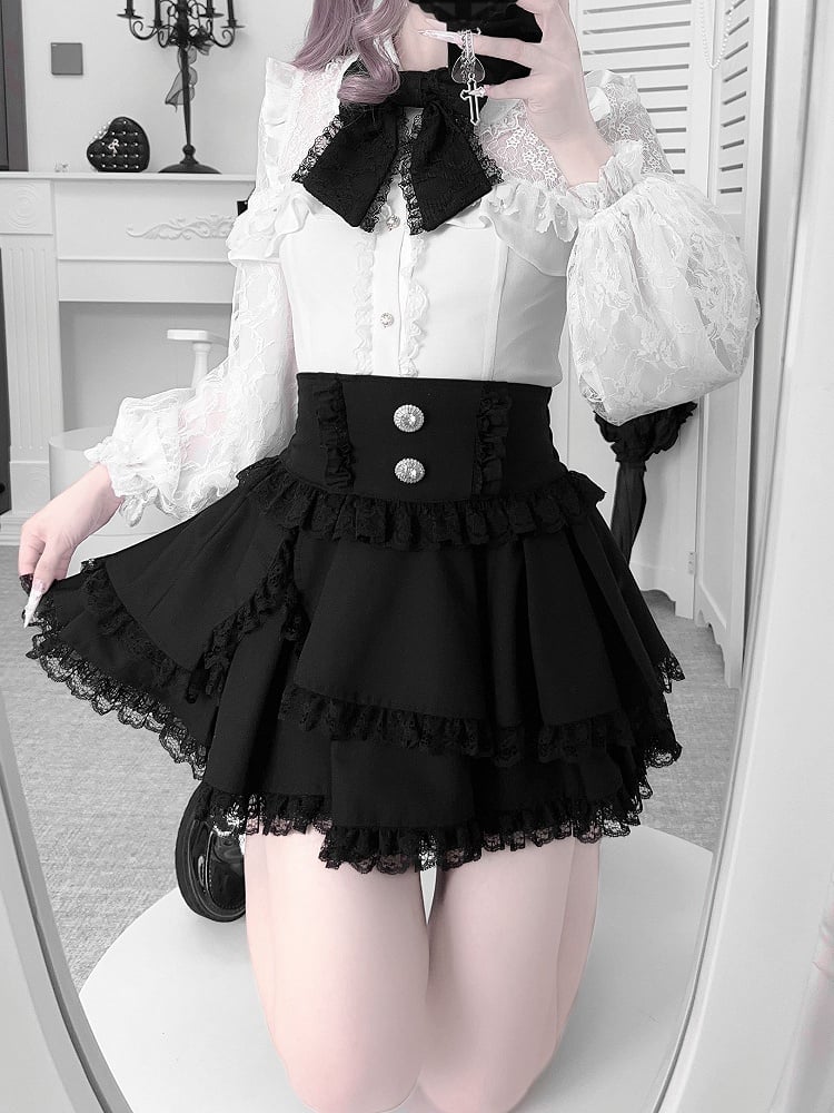 Illusion Neckline Blouse with Bead Details and Rhinestone Buttons Jirai Kei White
