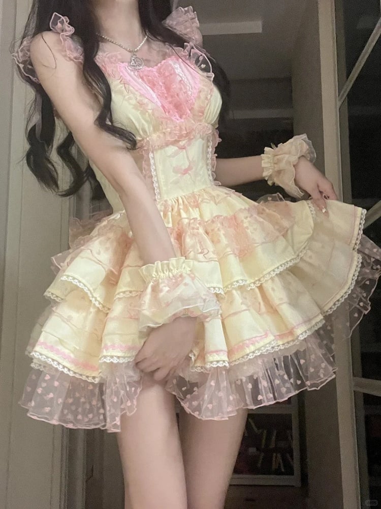Polka-dot Heart Sweet Ruffled Heart Front Yellow Pink Lolita Dress Pattern