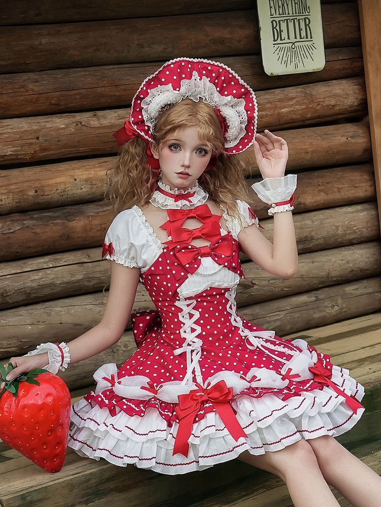 und Puffkleid mit gepunkteten Ärmeln, Schul-Polka-Lolita-Ausschnitt mit altroten Akzenten, Neckholder-Schleife