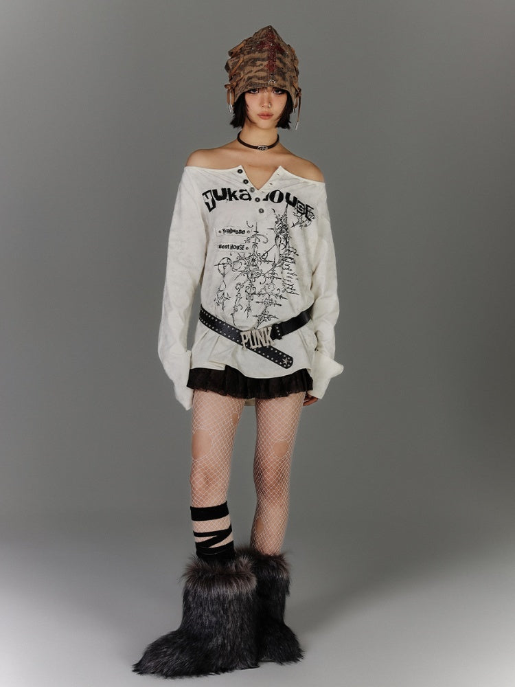 Apricot Off-the-shoulder Graphic Neckline Cotton Top Distressed