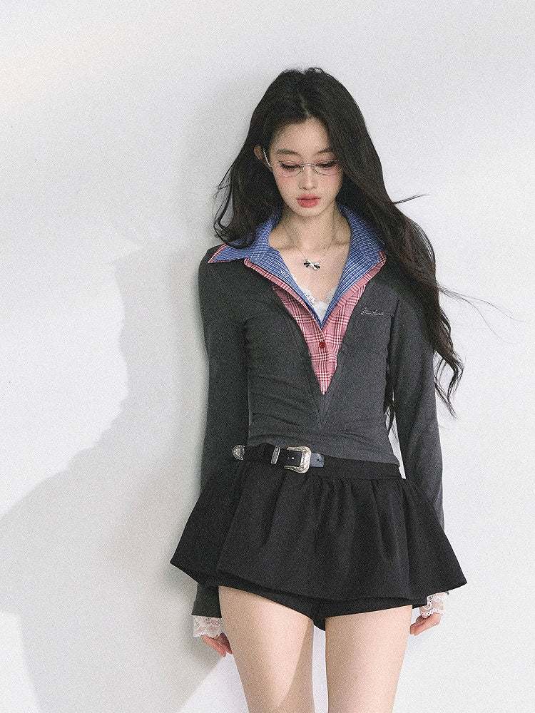 Plaid Collar Gray Slim-fitting Top Faux Two-pieces Red