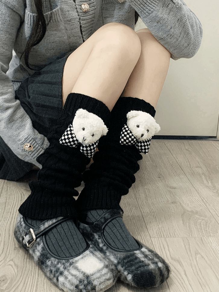 Milk White Y2K Knitted Leg Warmers With Bear Plushie