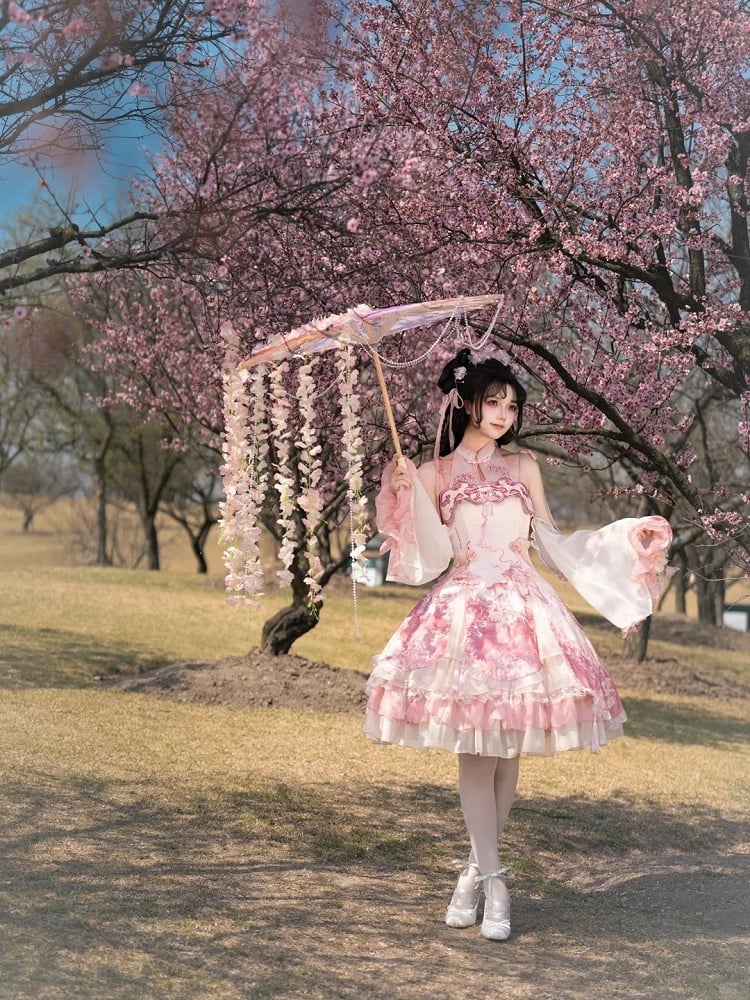 Dress Qi Cheongsam Sakura Skirt Lolita Print Jumper Pink Style