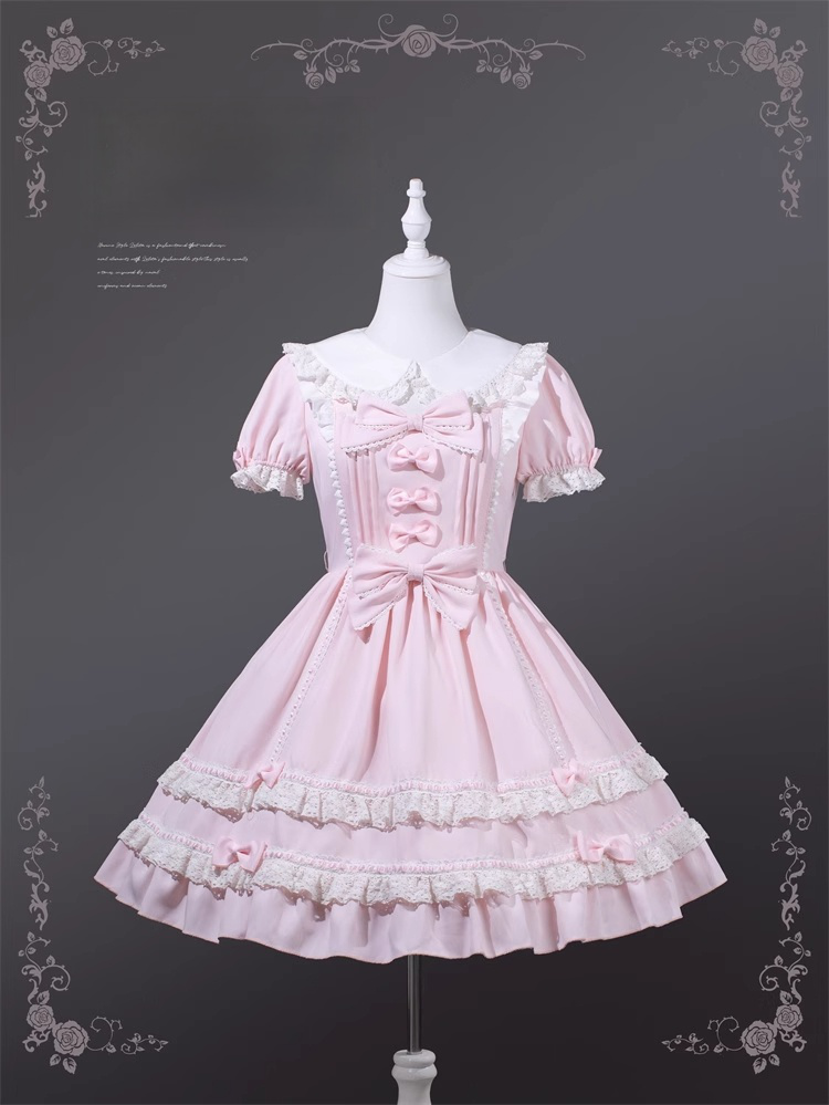 Lolita Dress Piece Accents School Pink Peter Pan Collar Bowknot Light Old One