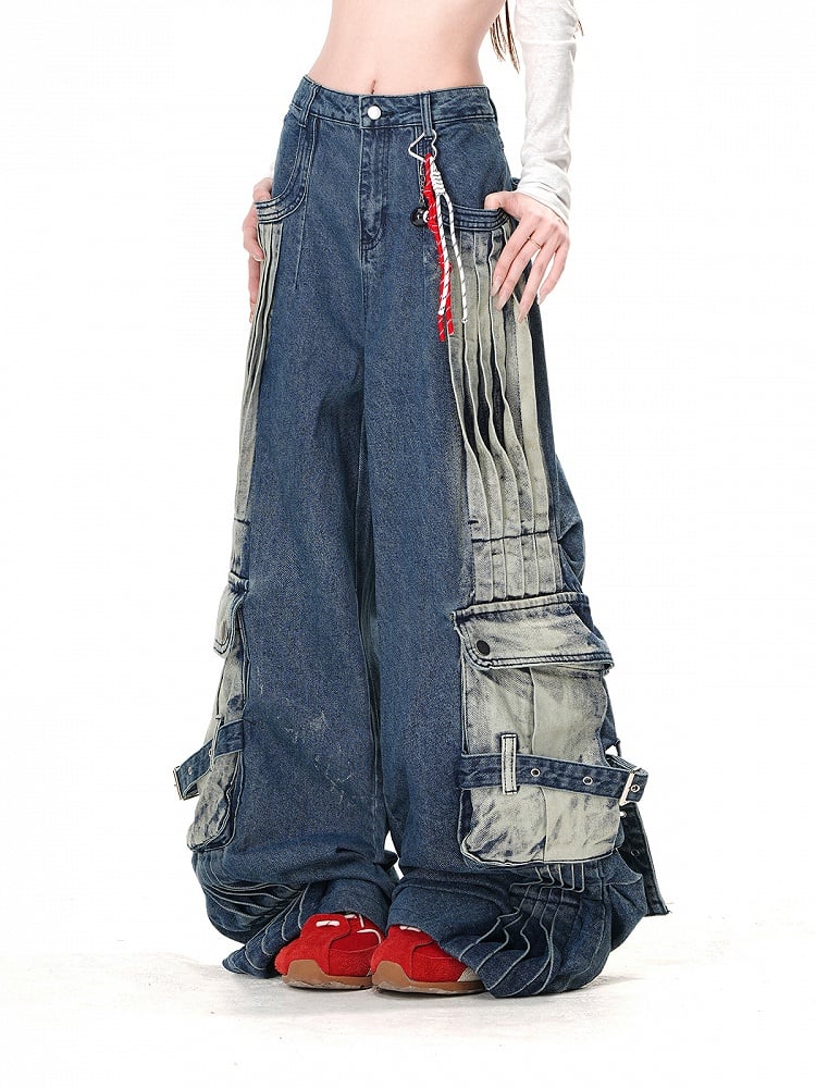 Blue Faded Wash Cargo Pockets Loose Wide-Leg Jeans