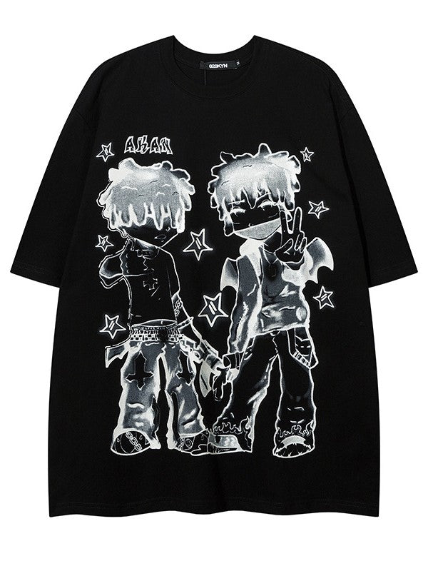 Loose-Fit Anime Character Graphic Tee - Flattering and Stylish White/Black/Pink