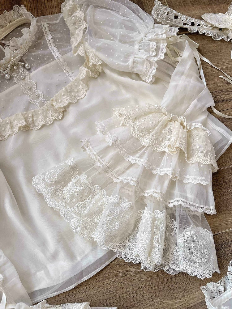 Tüll Weiß mit Ärmeln Creme Abnehmbare Bluse Gepunktet Puff