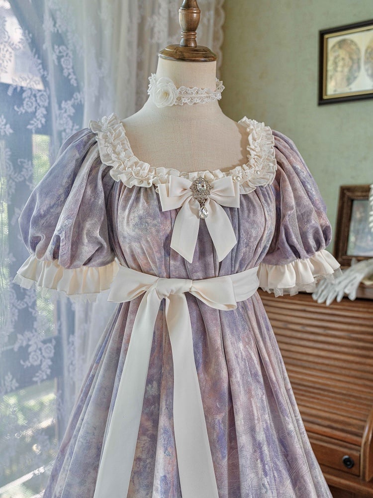 Classic Empire Maxi Piece Purple Lolita Oil One Elegant Waist Painting Dress Print
