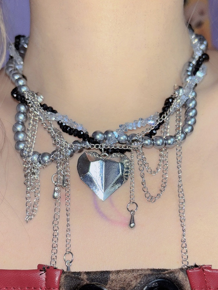 Beaded Pendant Necklace Heart Black Silver