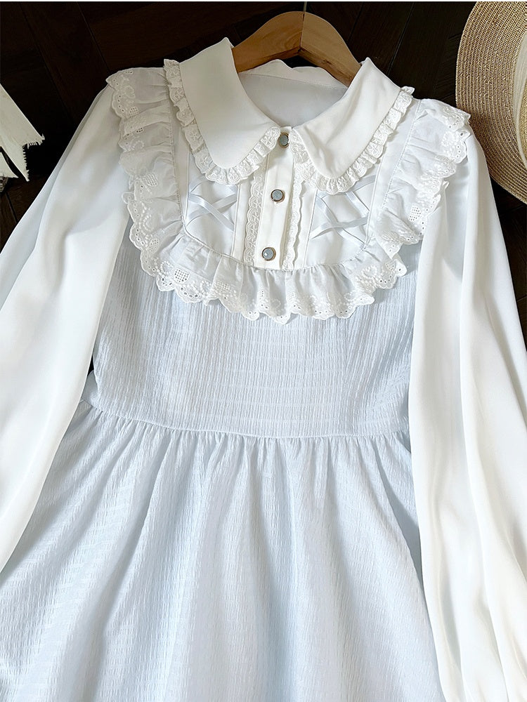 Tenshi Kaiwai - Robe Jirai Kei bleue à col claudine et bordure en dentelle à volants