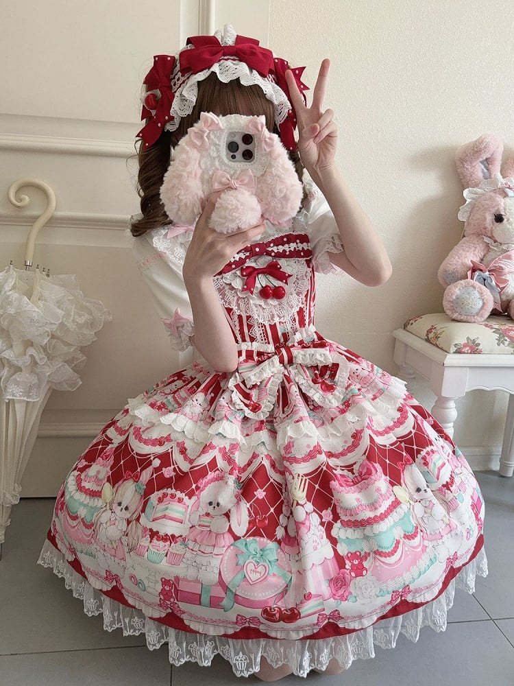 Red Bunny Lolita Jumper Cherry Skirt Print and Dress Sweet