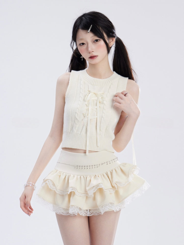 Tiered Skirt Strapless Lace Mini Trim Top/Apricot White Lace Cross Design Black Curved Hem Glamorous