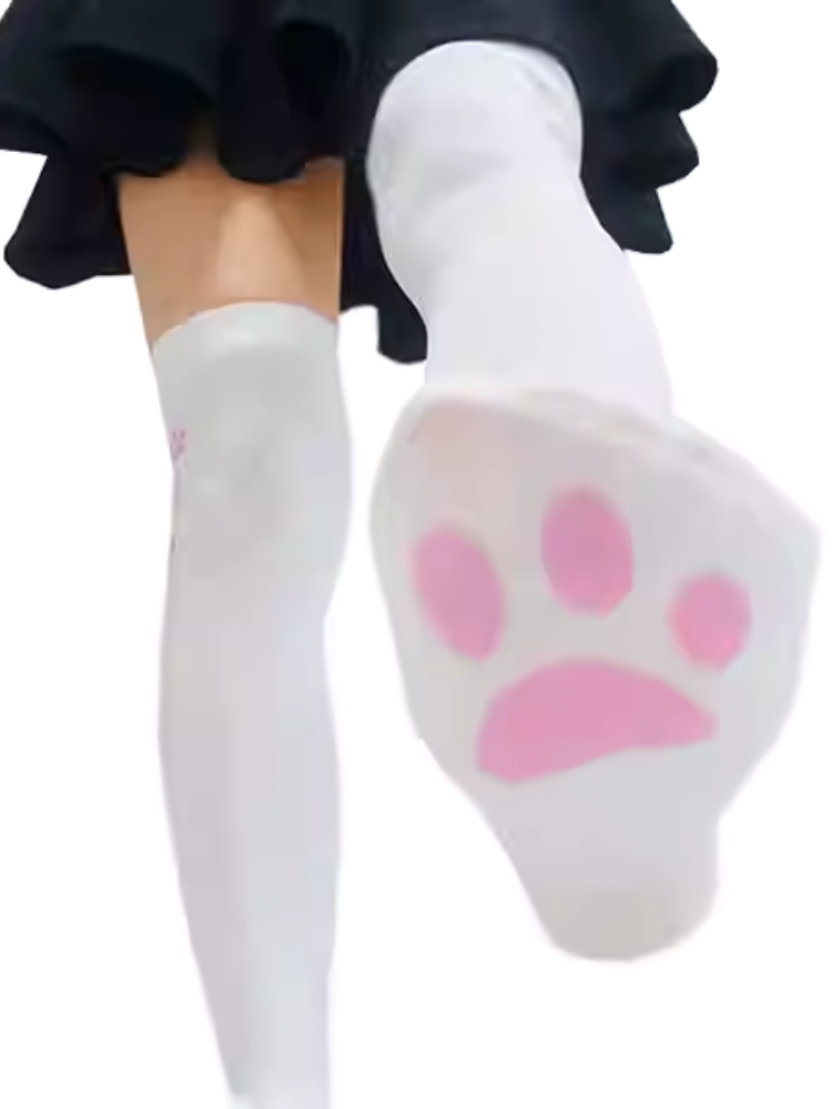 White Cat Paw Pattern Over Knee Stockings
