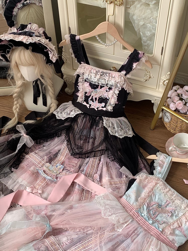 Schwarz-Rosa Vorhang Tüll Overlay Fliegender Pferderock Lolita Pulloverrock