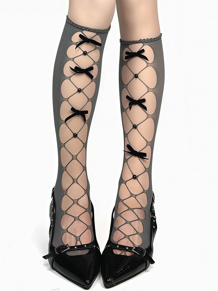 Stockings Details White/Black/Gray Cutout Under-Knee Design Bowknot