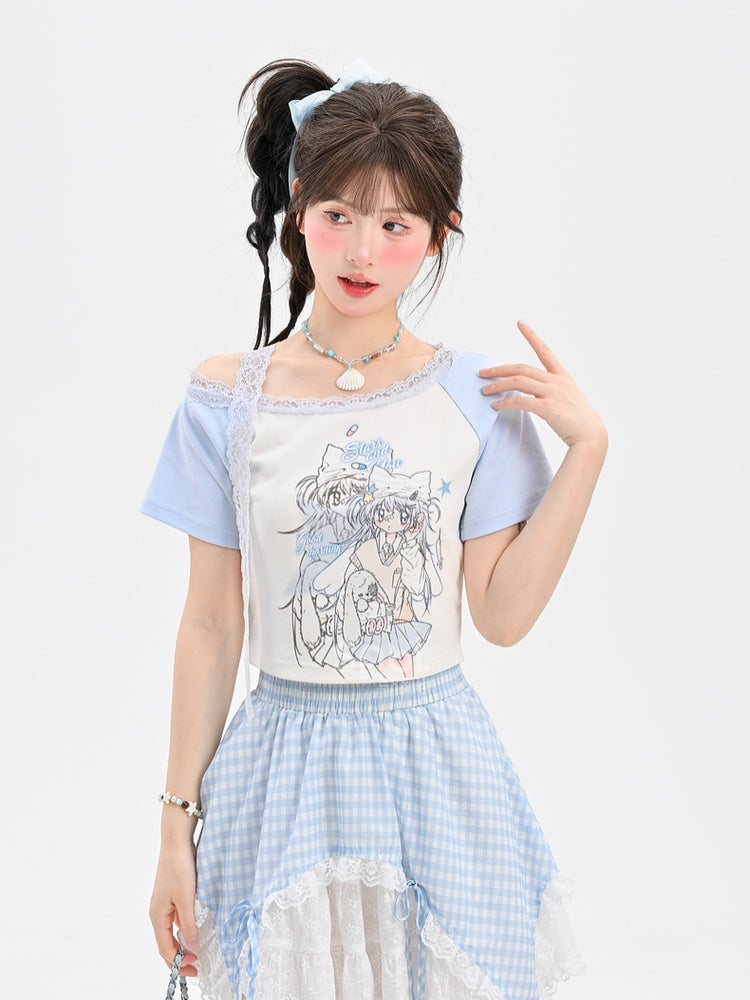 Light Blue Design Anime Girl Print T-Shirt Colorblock Short/Long Version