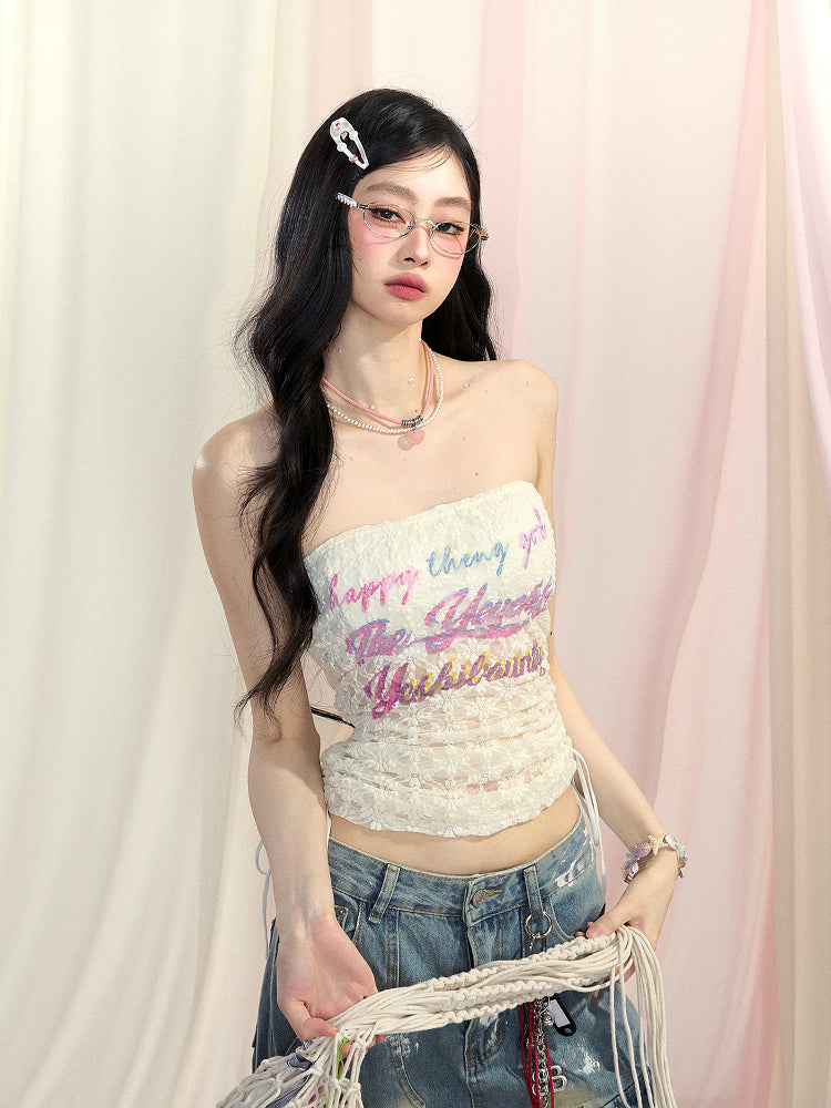 Print Glamorous Strapless Top Lace Drawstring Waist Letter Apricot