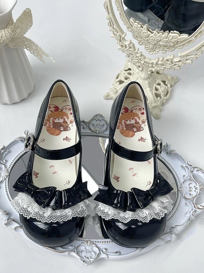 Sweet Heels Low Toe with - Round Lolita Black PU Leather