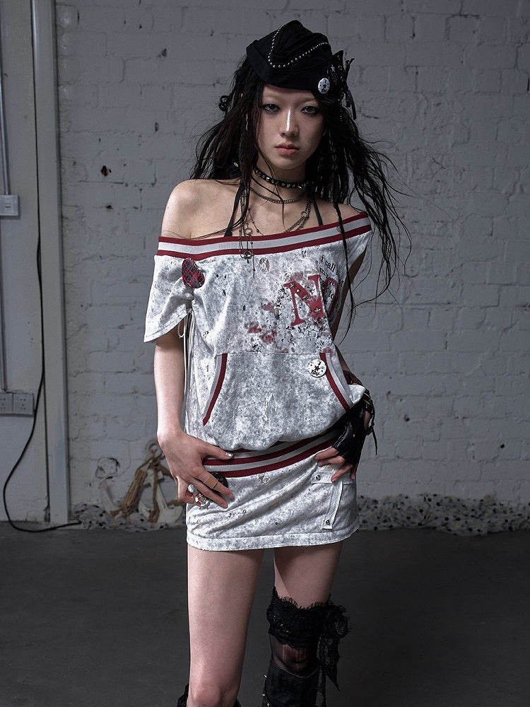 Asymmetrical Neckline Gray/White Wasteland Punk Distressed Dress