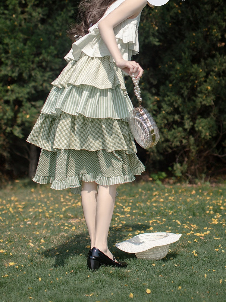 Rüschen gestuft mit Mori Kei Grün Patchwork Ärmelloses Kleid