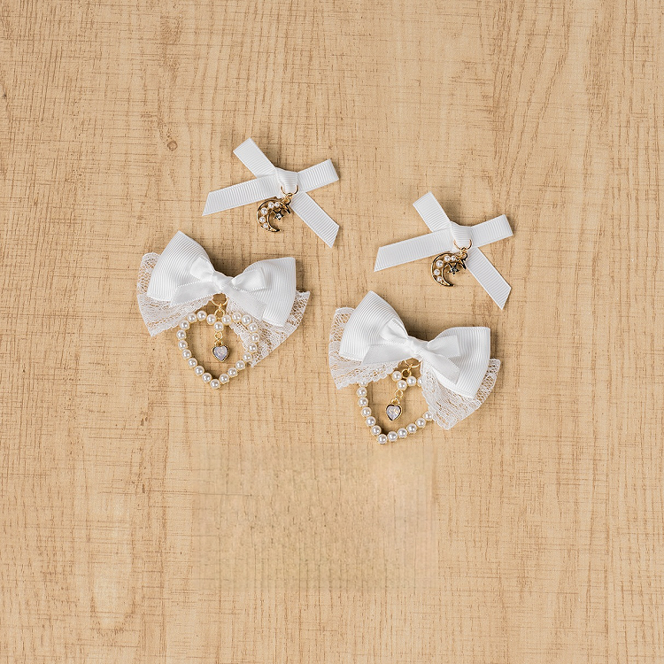 Charm Bowknot Hairclips Jirai Kei White with Beaded Moon/Heart