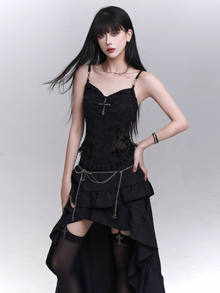 with Beaded Black Lace Patches Waist Cross Decorated Cami Top Chains