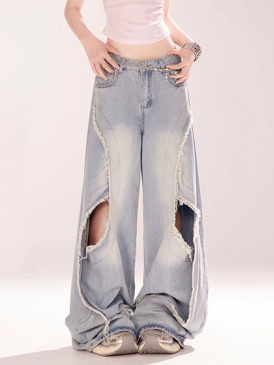 Blaue Low Rise Distressed Hole Vintage Weite Jeans mit ungesäumtem Saum