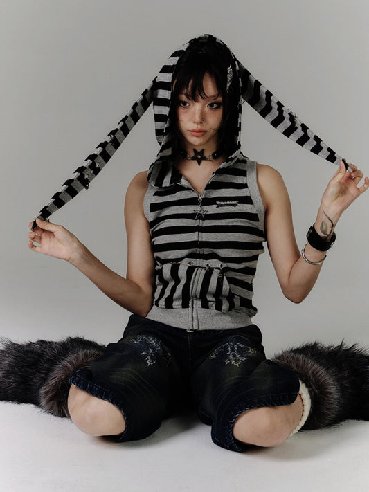ヴィンテージ バニーイヤーデザイン ブラック グレー ストライプ フード Y2K タンクトップ