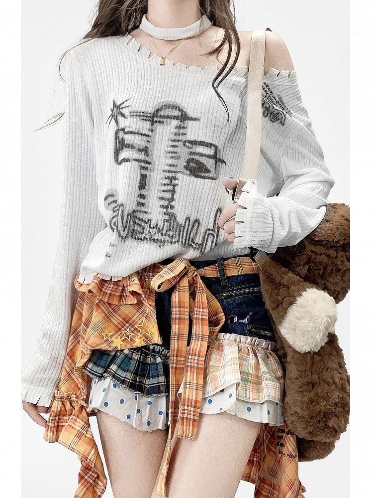 Neckline + Y2K Asymmetrical White Long Sleeves Design Print Top
