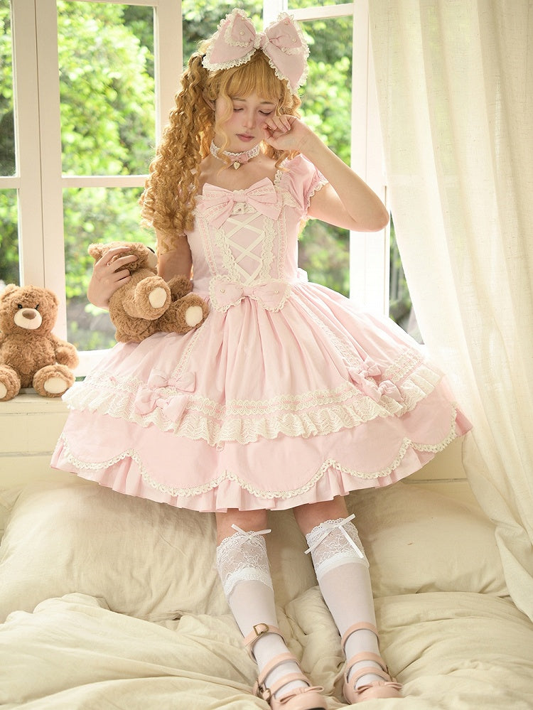 Lolita Piece and Neckline Puff Cotton School Pink Square One Old Short Sleeves Dress