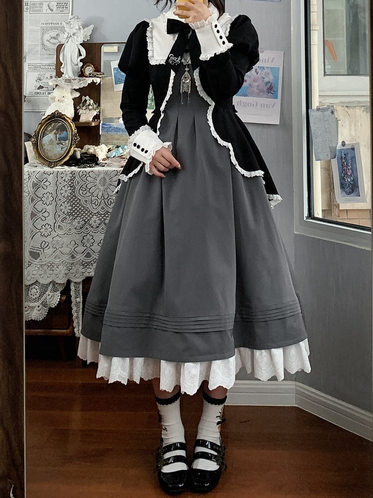 Elegantes Lolita-Kleid mit Juliette-Ärmeln in Schwarz und Grau