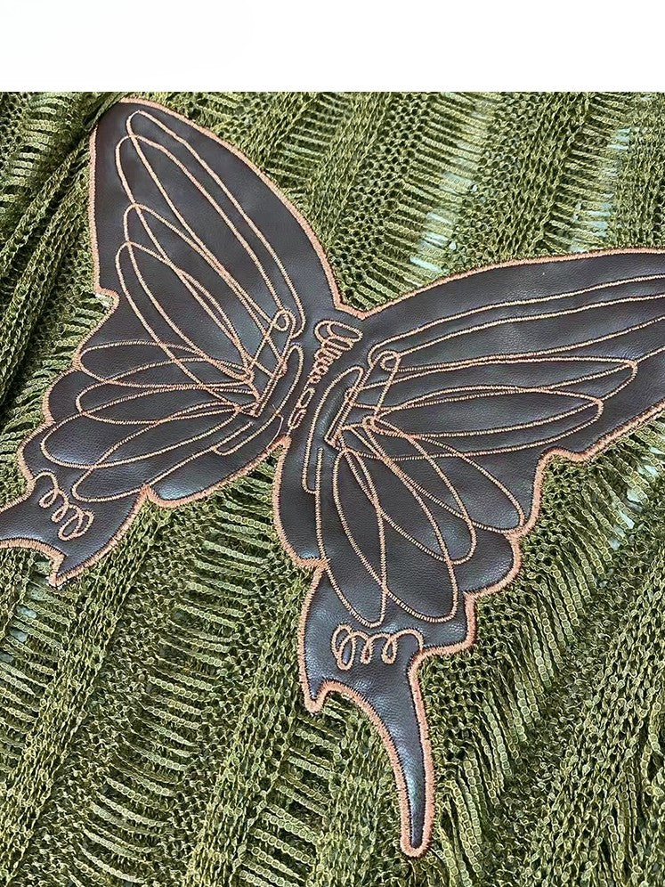 Knitted Protection Top Applique Sun Long Bittersweet Glamorous Sleeve Butterfly Green