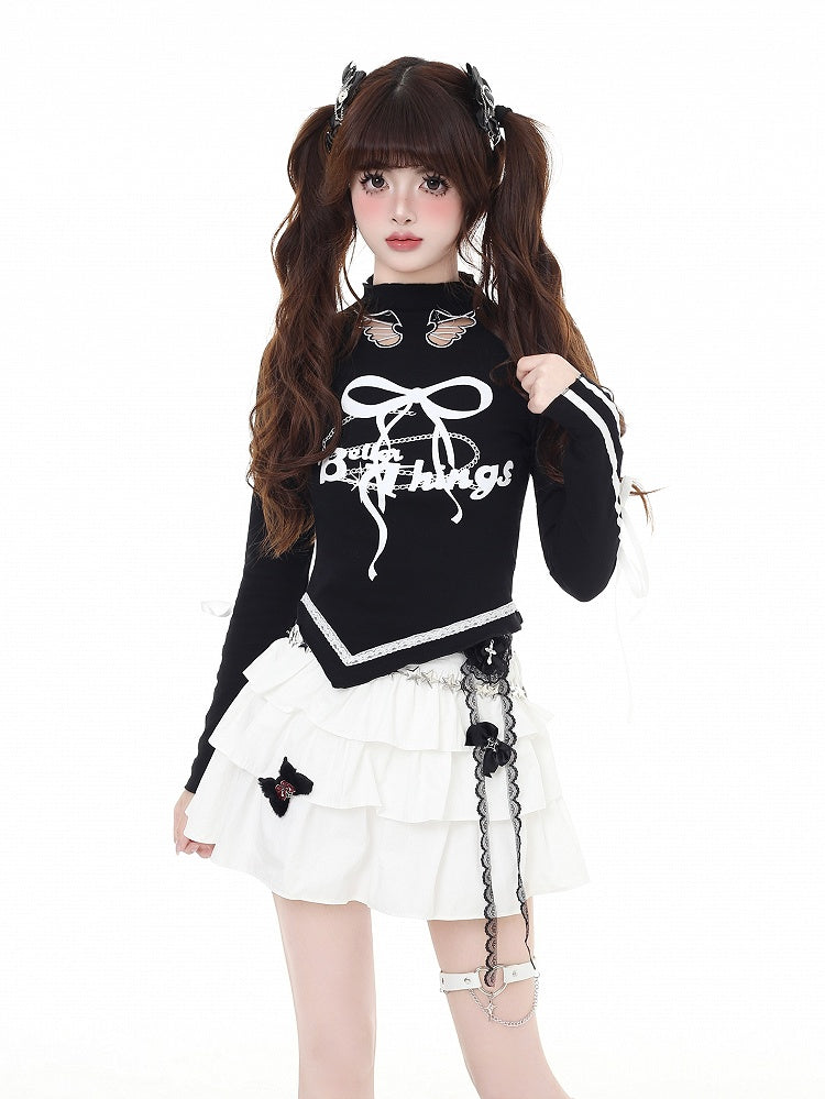 Print Cutout Bowknot Curved Hem Top Red/Black Mock Wing-shaped Vintage Neck