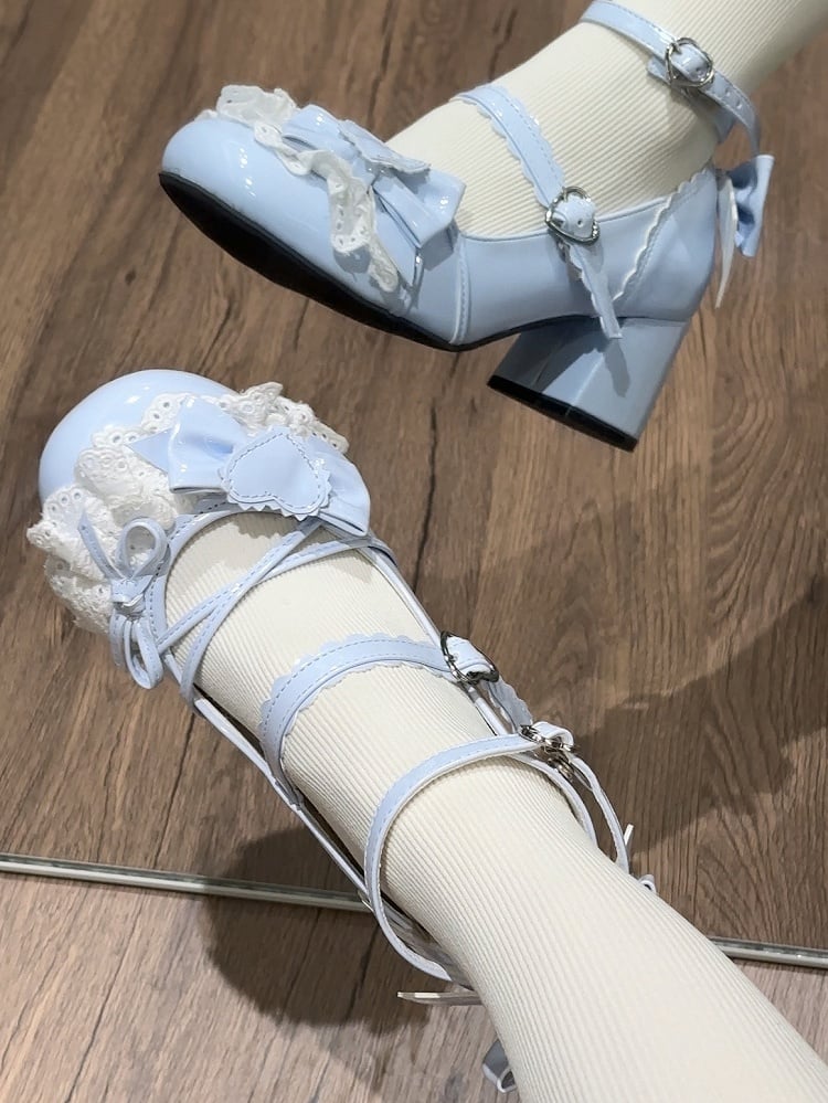Sweet Buckle with Bow Shoes Janes - Lacework Lolita Details Blue Heart Mary