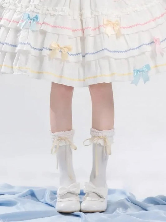 Yellow Bowknot Details White Calf Socks