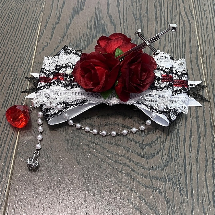 RedWhite Rosette Sword Hairclip Trim Bowknot Design Lace Decorated And Skeleton Charm Beaded