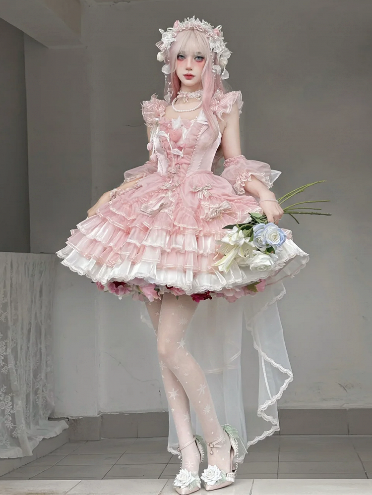 Theme Pink Tulip Lolita Dress Balletcore Hime Layered Skirt