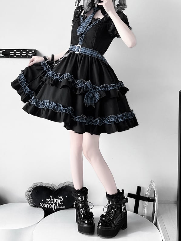 Full Shoulder Set and Blue Plaid Skirt Idol Lolita Dress Tiered Cutout Black