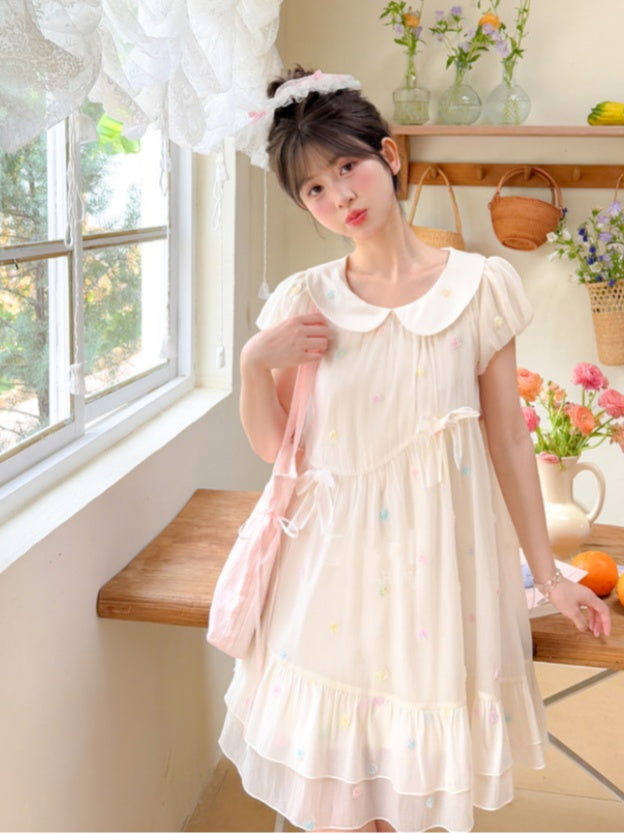 Pattern Colorful Polka-dot White Peter Pan Collar Puff Sleeves Chiffon Dress