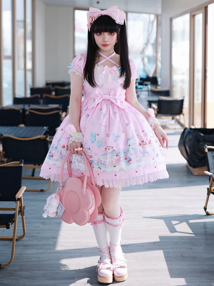 Sleeves Puff Pink Print Dress Sweet Lolita Bunny and Cake Short