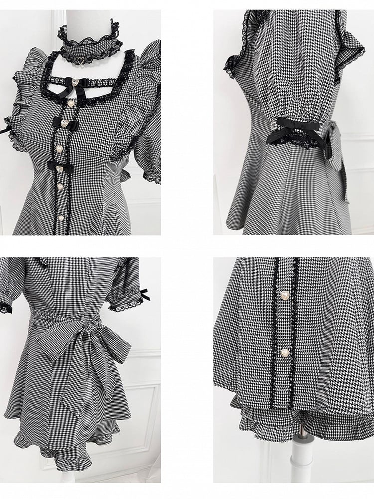 Set - Flutter Sleeves Self-tie Bow Back Mini Dress + Shorts Houndstooth Jirai Kei + Choker