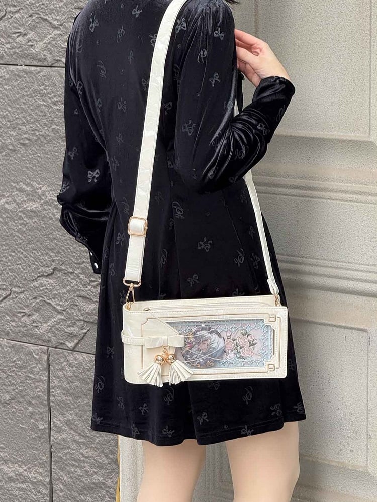 Pattern Floral Style Bag Bow Ita Cheongsam With Accent PU Fringe White