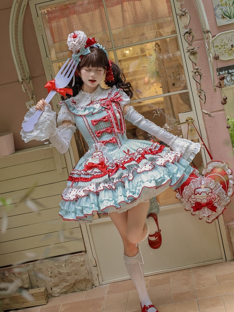 Red and Skirt Green Sweet Polka with Accents Bow Tiered Dots Stripes Dress Lolita