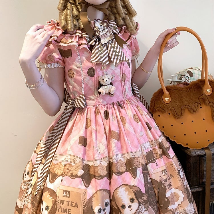 Robe Lolita rose à manches courtes et imprimé chiot et biscuit