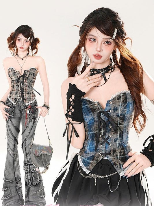 Leoparden- und trägerloses Top-Muster, kariert, braun/blau, Schnürung vorne, Spitzenbesatz