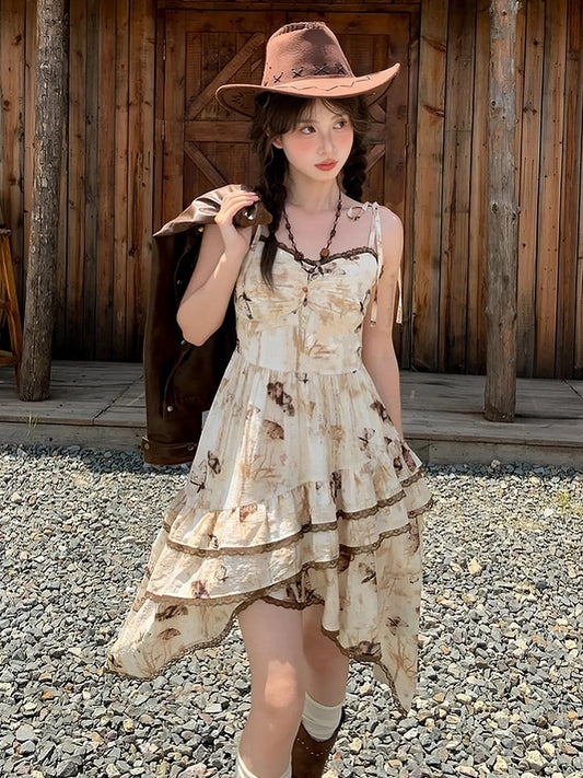 ヴィンテージバタフライプリントハンカチ裾染めアプリコットタイスパゲッティストラップドレス